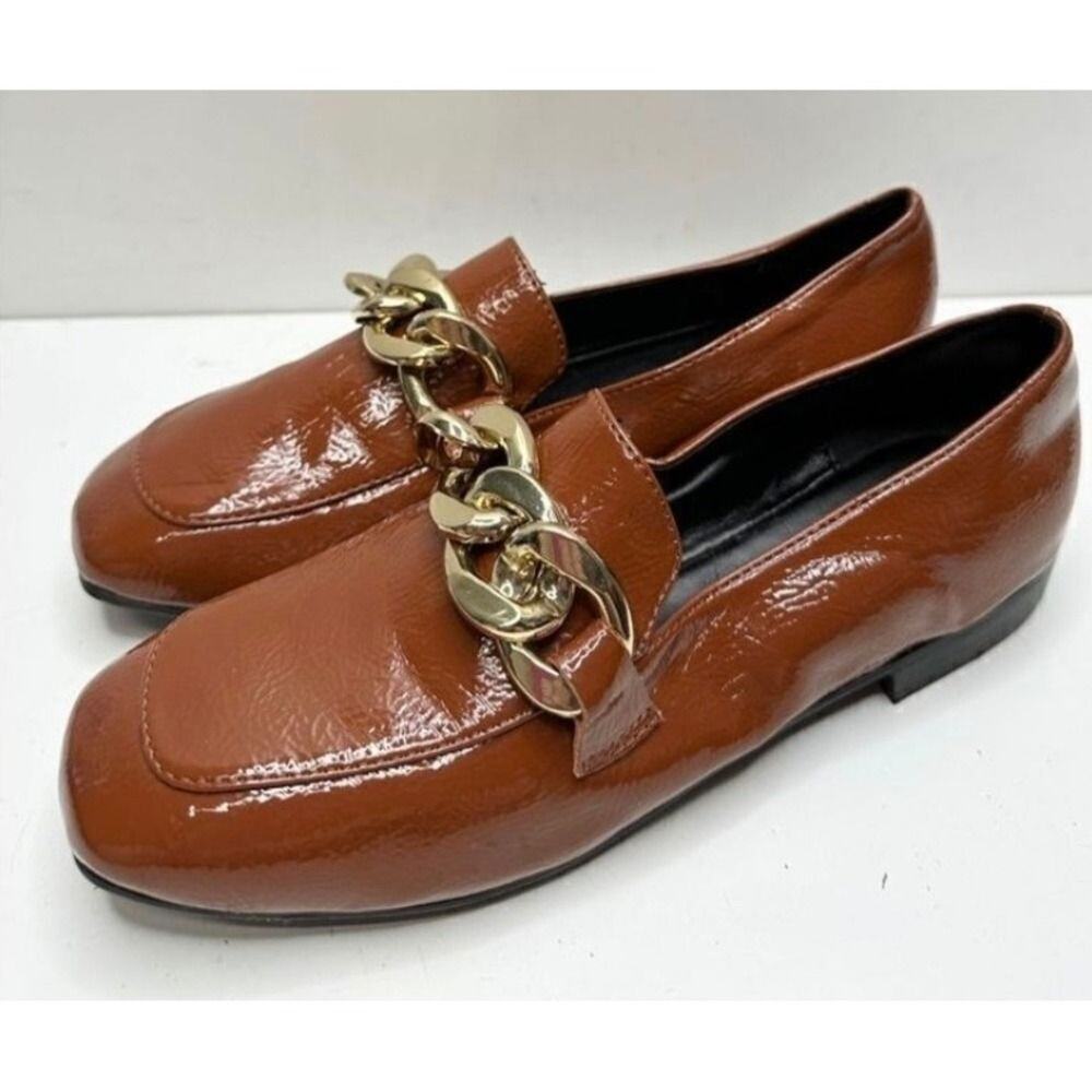 Blondo Waterproof Chain Accent Loafers Square Toe Brown Patent Leather Size 5‎ - Picture 3 of 7